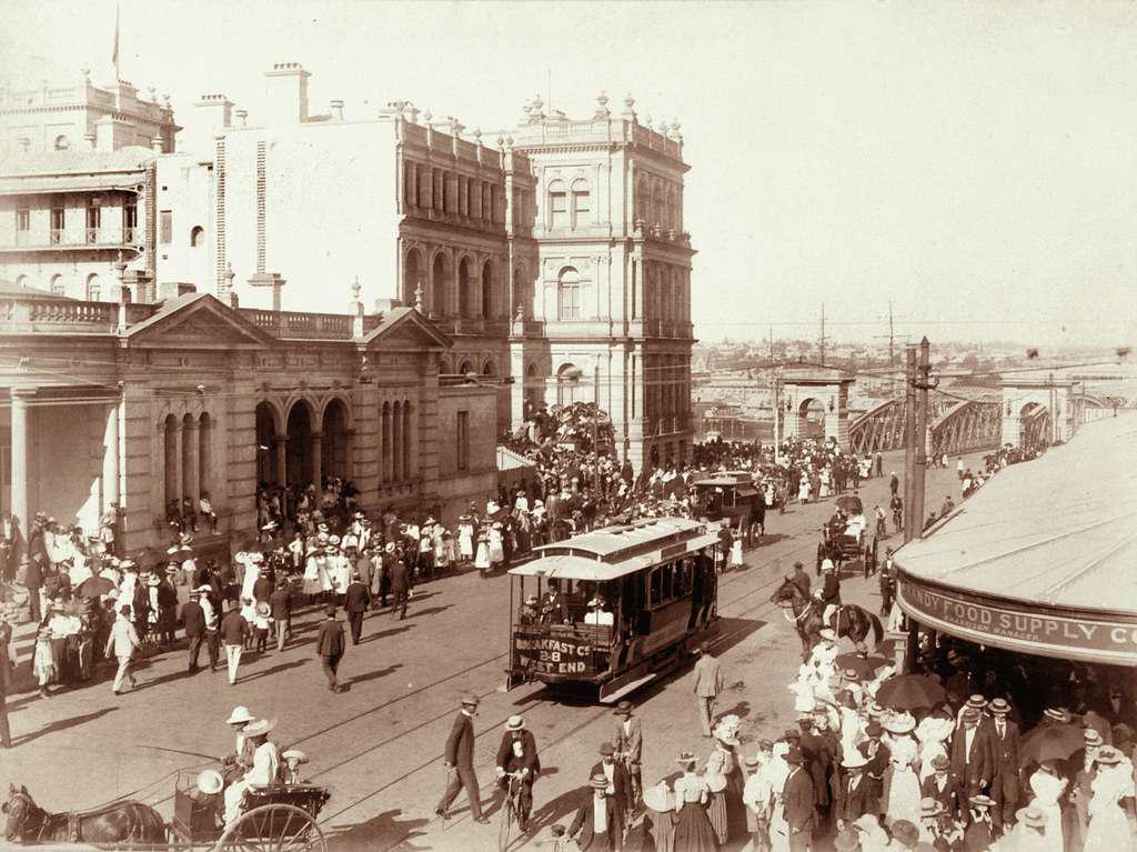 #44 Tram and crowd scene in Queen Street near George Street, Brisbane, 1899