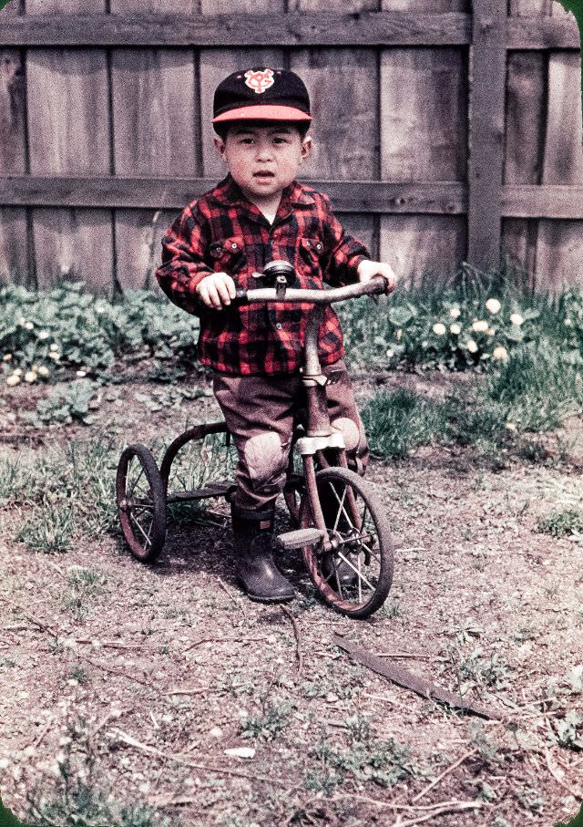 #132 Cute kid on a tricycle in Japan wearing a plaid shirt and a Yomiuri Giants baseball cap