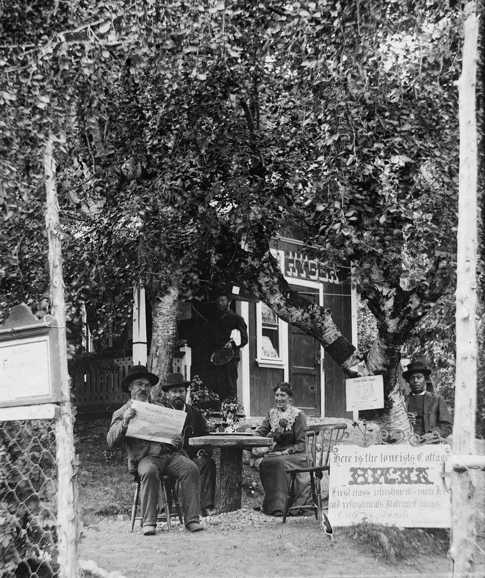 Hygea Cafe, Balestrand. A miniature boat on a suspended cable carried orders of wine to guests.