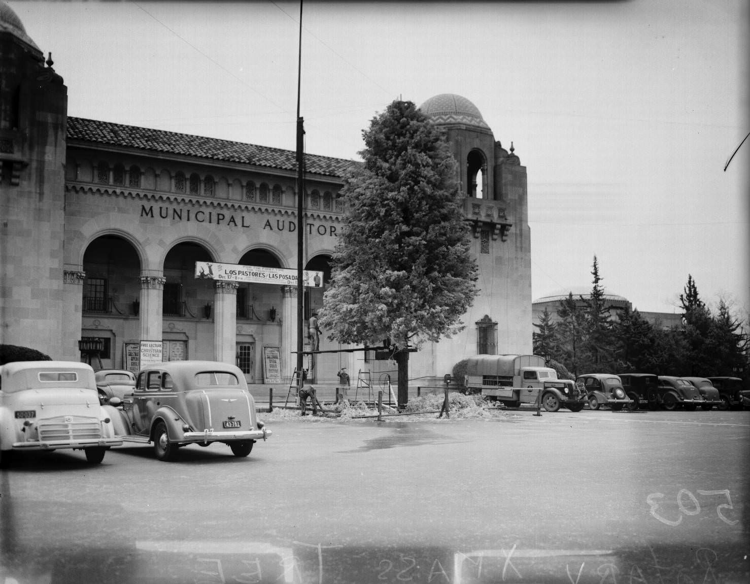 #103 The front of the Municipal Auditorium showing the Rotarian Christmas tree, 1930