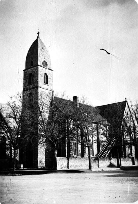 #161 South and east elevations of Old St. Mary’s Catholic Church, corner of San Antonio and Orange Streets, Fredericksburg, Texas, ca. 1936