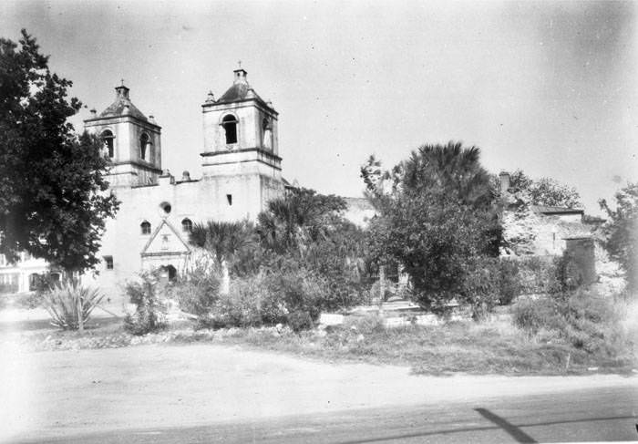 #166 West (front) elevation of church and convento, Mission Concepcion, San Antonio, 1936