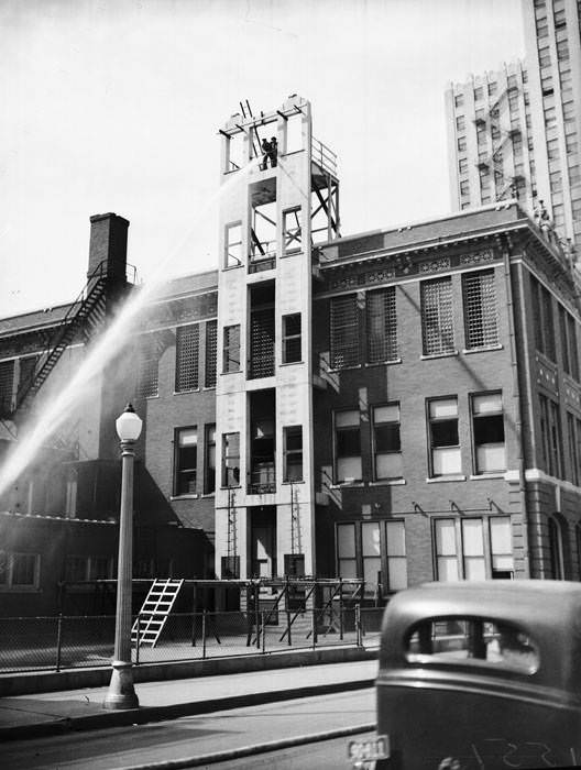 #182 San Antonio firemen in drills at Central Fire Station, 1937