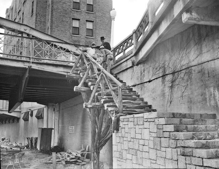 #205 Completing work on cedar and stone stairway during San Antonio River beautification project, 1939