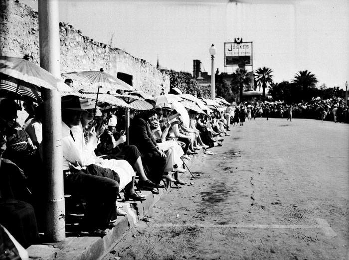 #41 Crowd lining Alamo Plaza for 1937 parade, 1937