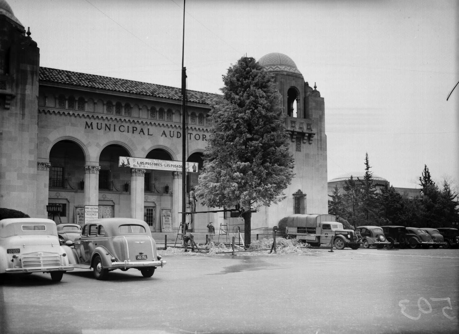 #98 Photograph of the front of the Municipal Auditorium showing the Rotarian Christmas tree, 1930’s