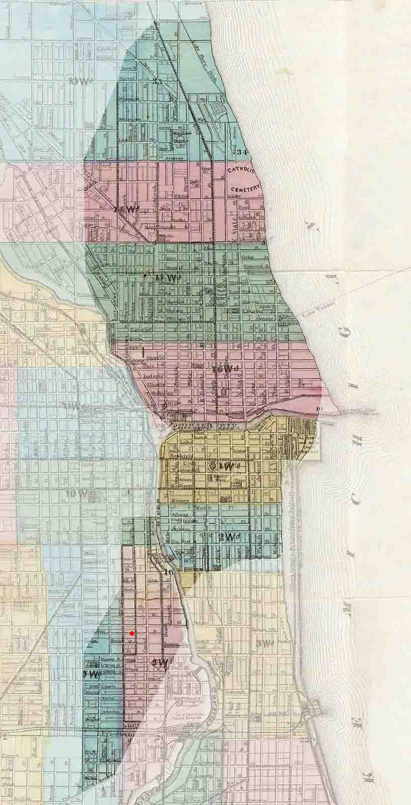 #11 1869 map of Chicago, altered to show the area destroyed by the fire (location of O’Leary’s barn indicated by red dot).