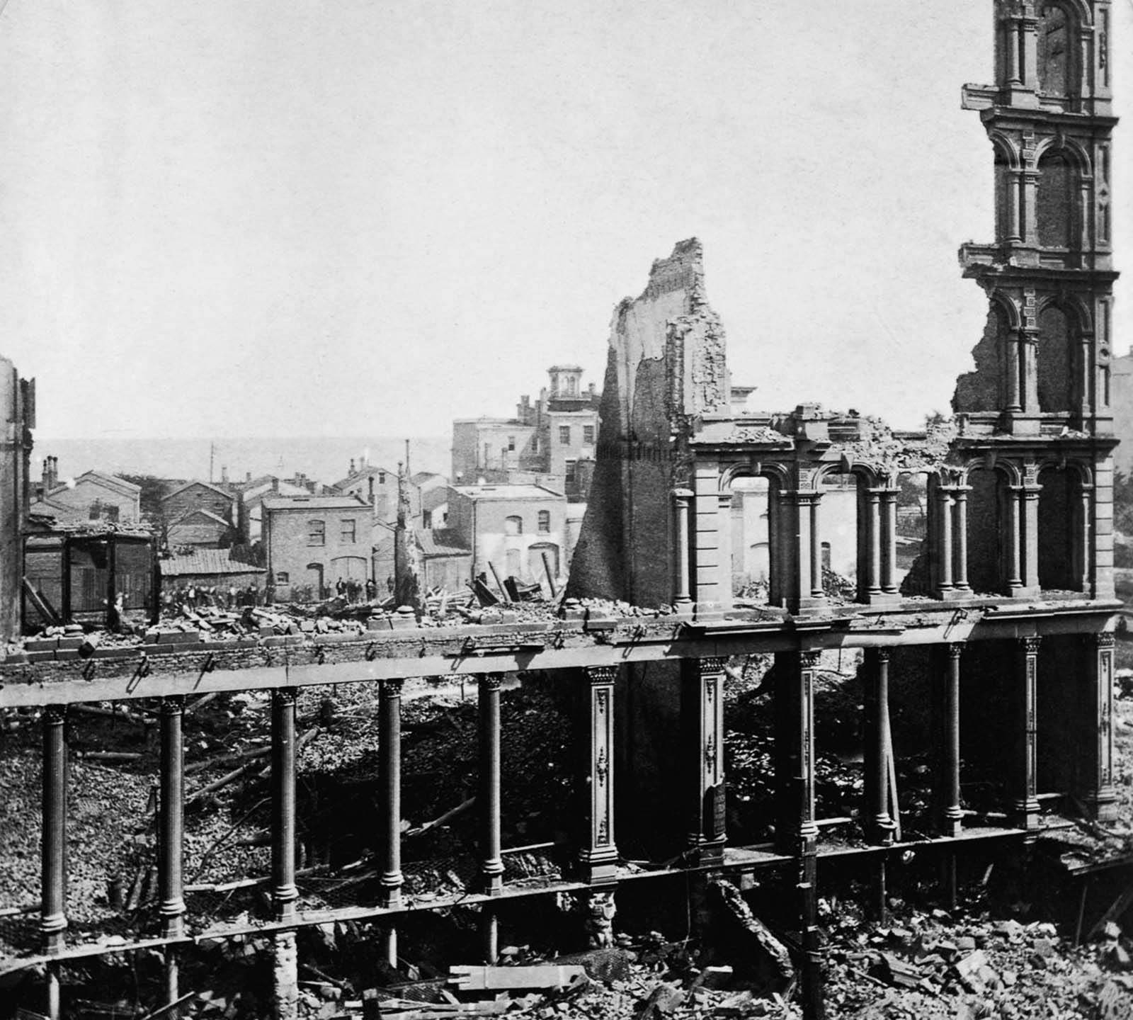 #15 Exterior walls remain standing on “Drake’s Block” at the corner of Wabash Avenue and Washington Street.