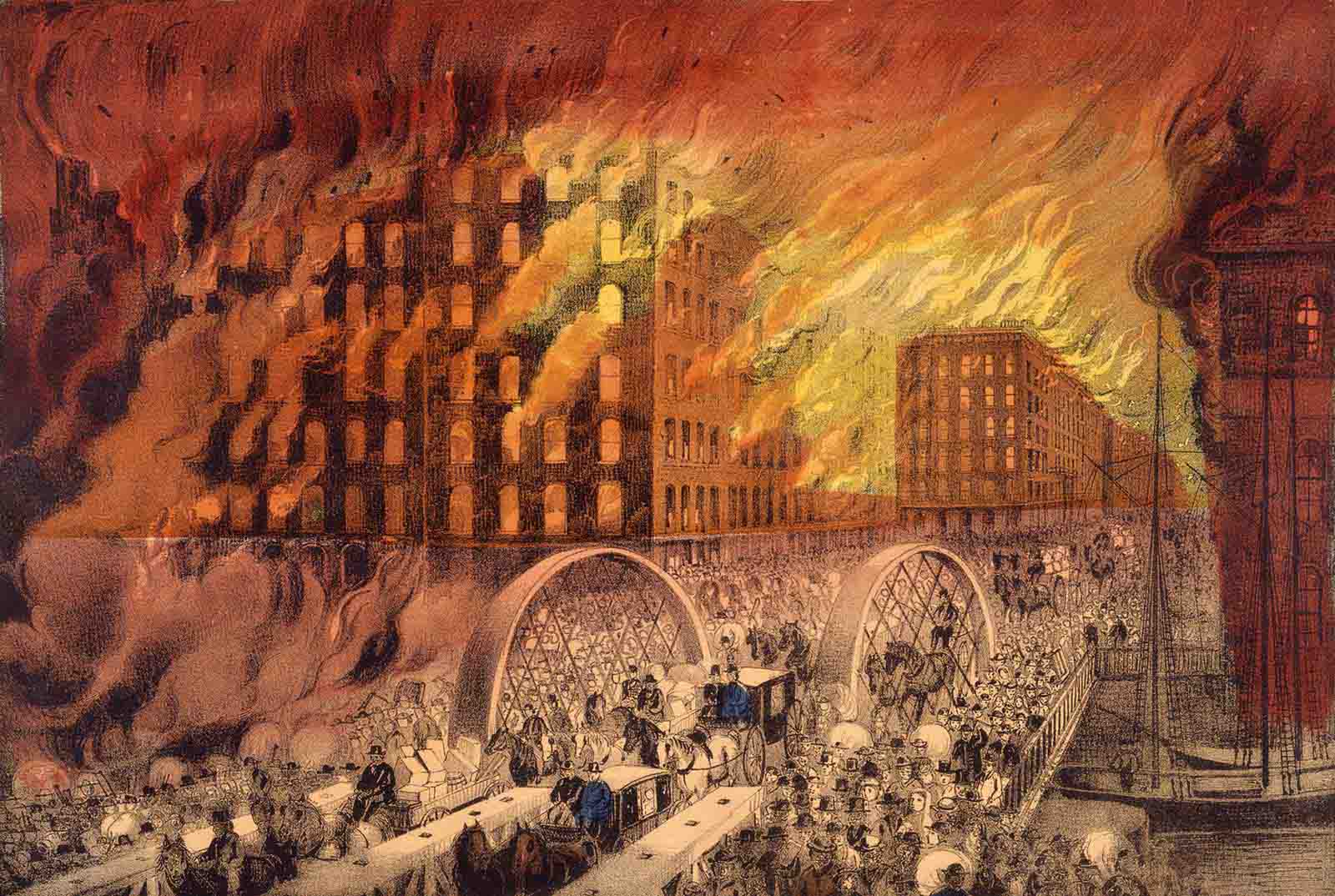 #20 Artist’s rendering of the fire, by Currier and Ives; the view faces northeast across the Randolph Street Bridge.