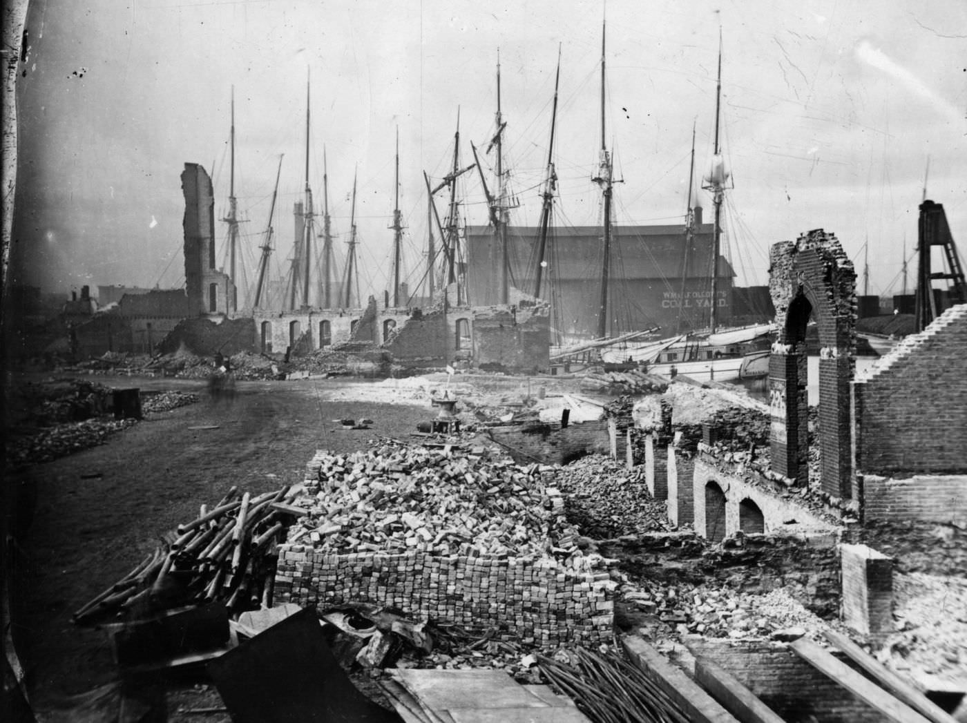 #26 The ruins looking north across the Chicago river, toward the site of today’s Merchandise Mart, after the Great Chicago Fire in 1871.