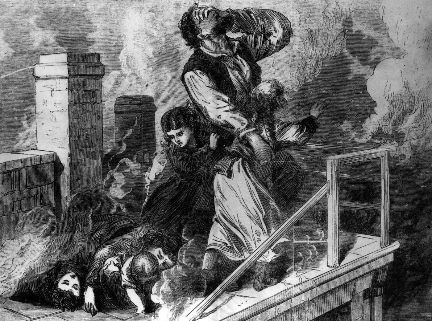 #28 A drawing shows a family seeking refuge from the fire on a rooftop during the Great Chicago Fire of 1871.