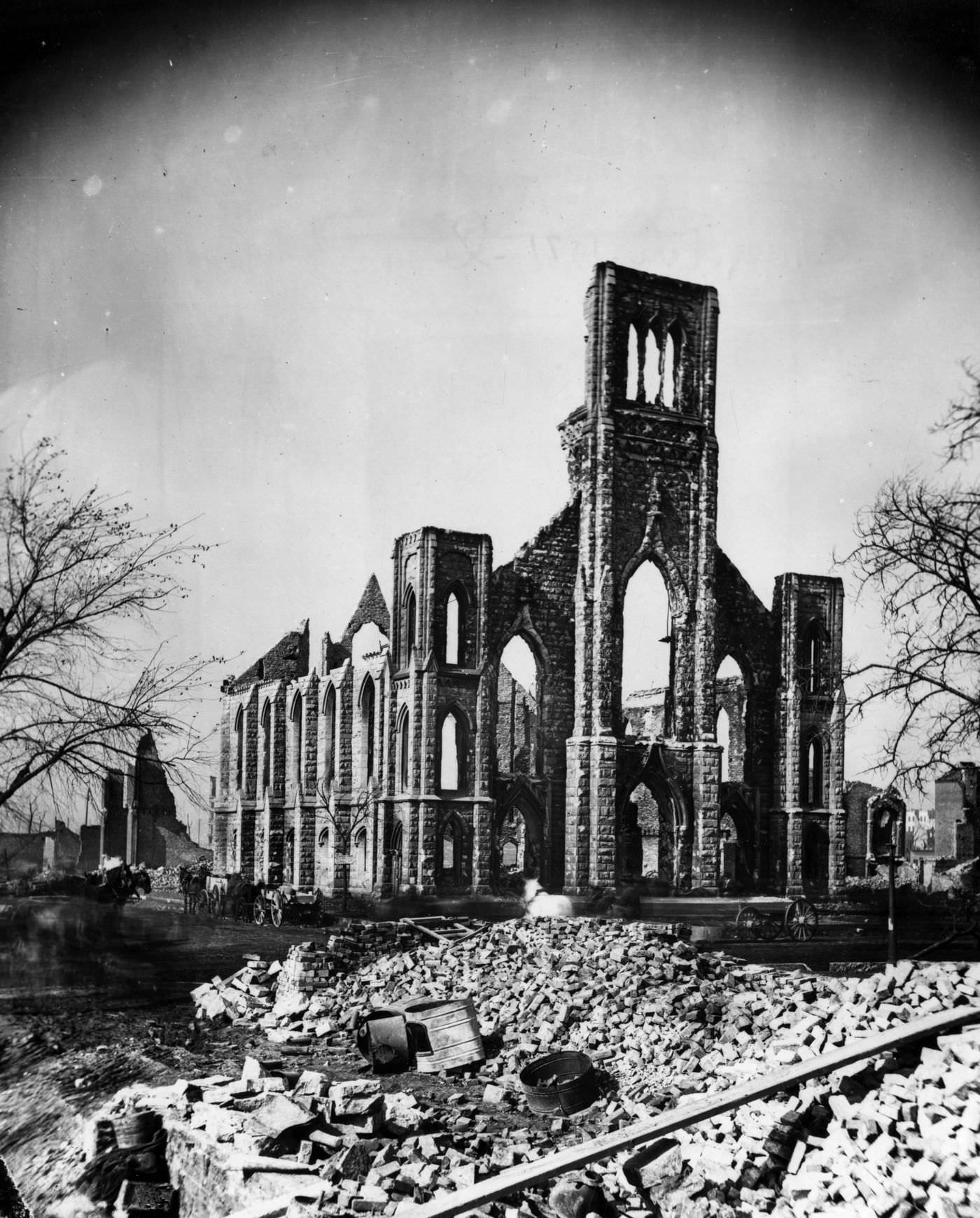 #34 The shell of St. Paul’s Universalist Church after the Great Chicago Fire in 1871.