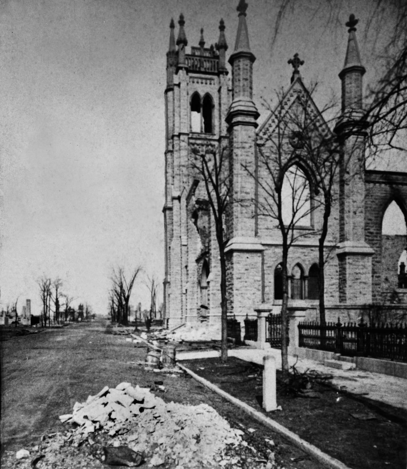 #40 The wreckage of St. James Episcopal Church looking north on Rush Street from Huron Street in the aftermath of the Great Chicago Fire in 1871.