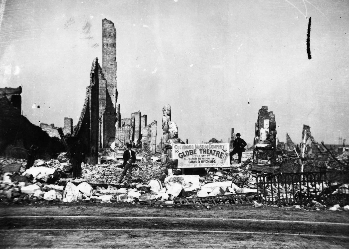 #43 The ruins of Col. Woods museum on Randolph Street, between Clark and Dearborn streets after the Great Chicago Fire in 1871.