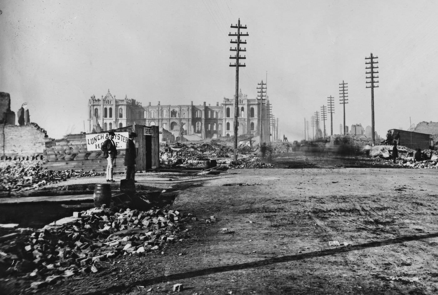 #45 What remains of the courthouse and City Hall, looking north on Clark Street from Adams Street, in the aftermath of the Great Chicago Fire in 1871.