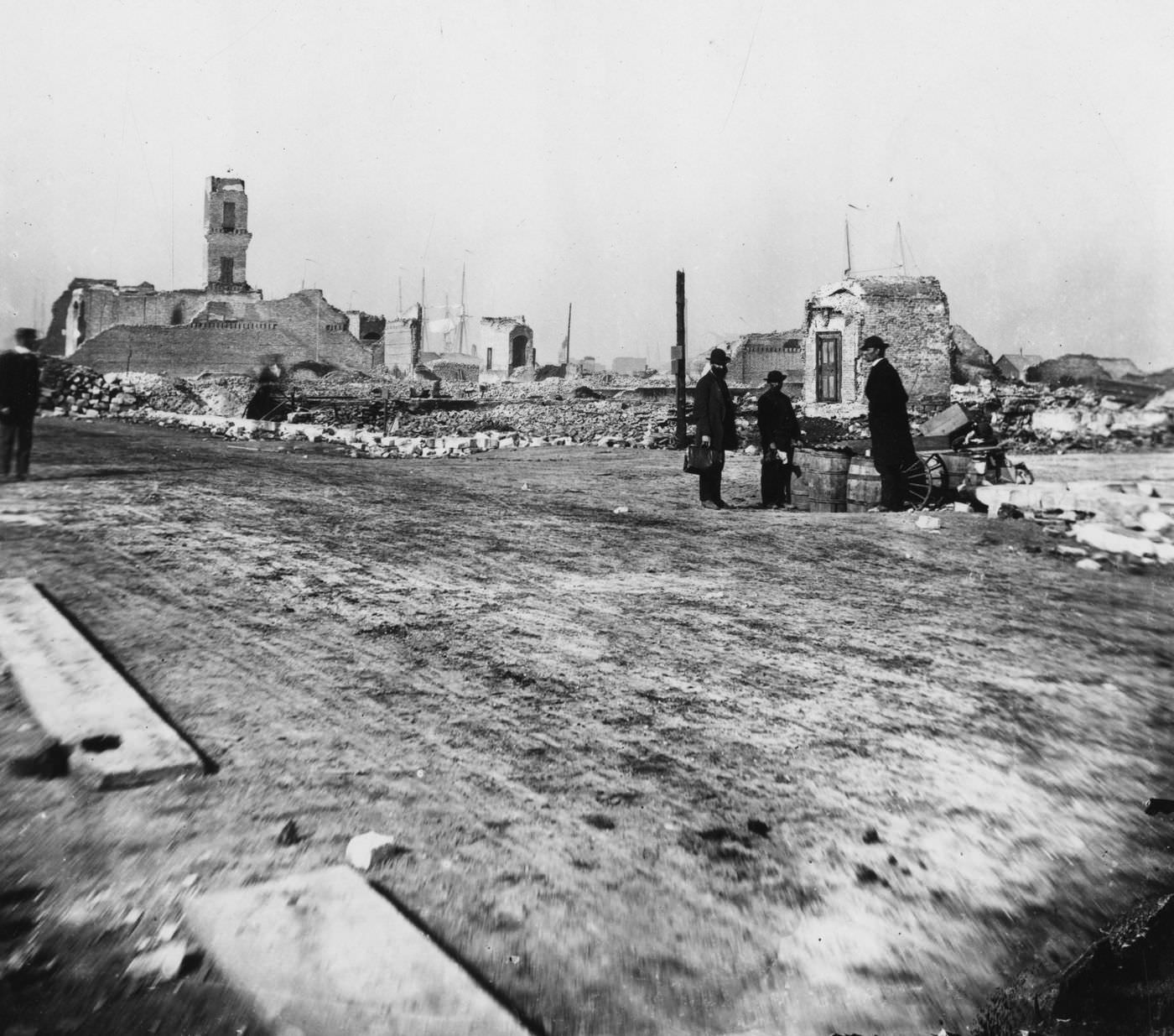 #48 A view looking north at Franklin and Madison streets in Chicago after the Great Chicago Fire in 1871.