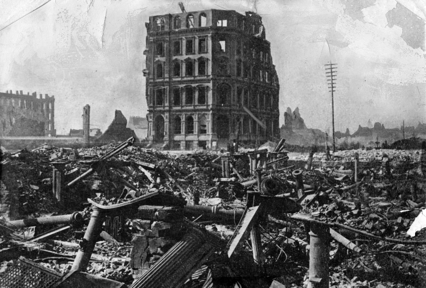 #49 The First National Bank building stands in ruins at State and Washington streets after the Great Chicago Fire in 1871.