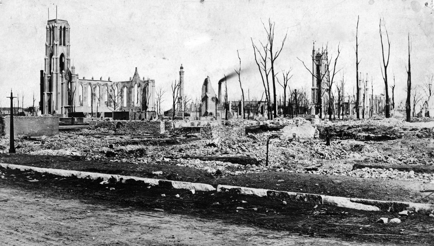 #53 Holy Name Cathedral, left, and St. James Episcopal Church, right, lay in ruins after the Great Chicago Fire in 1871.