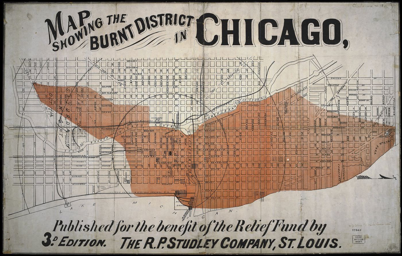 #54 “Map Showing the Burnt District in Chicago” shows the level of destruction of the 1871 Great Chicago Fire.