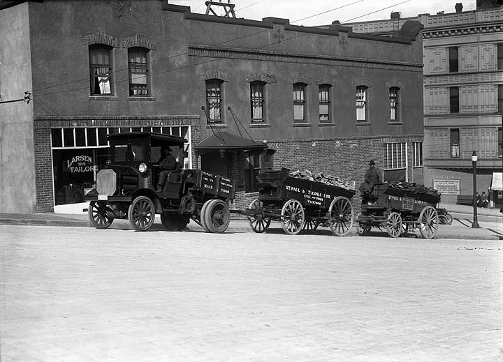 #23 St. Paul & Tacoma Lumber Co. Truck Pulling Wagons, Tacoma, 1910