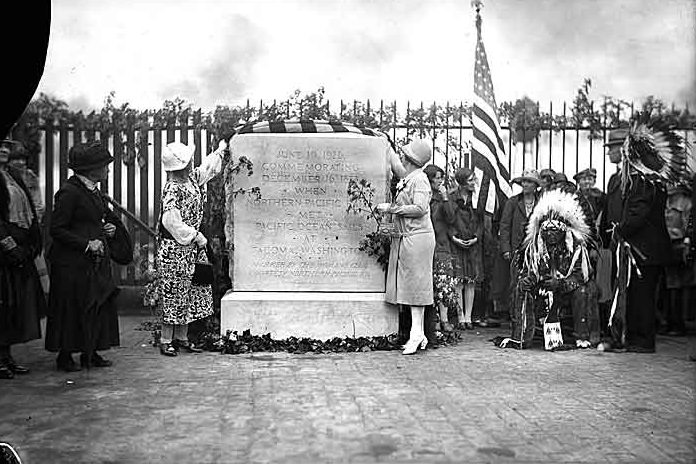 #51 Northern Pacific RR–17th and Pacific-Group of people at the marker, Tacoma, 1926
