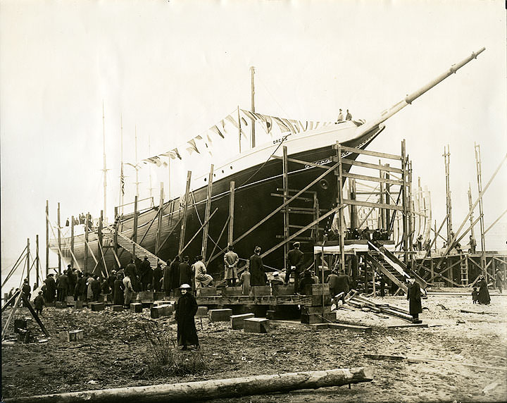 #51 Launching of sailing ship Orcas, Seaborn Shipyard, Tacoma, 1916