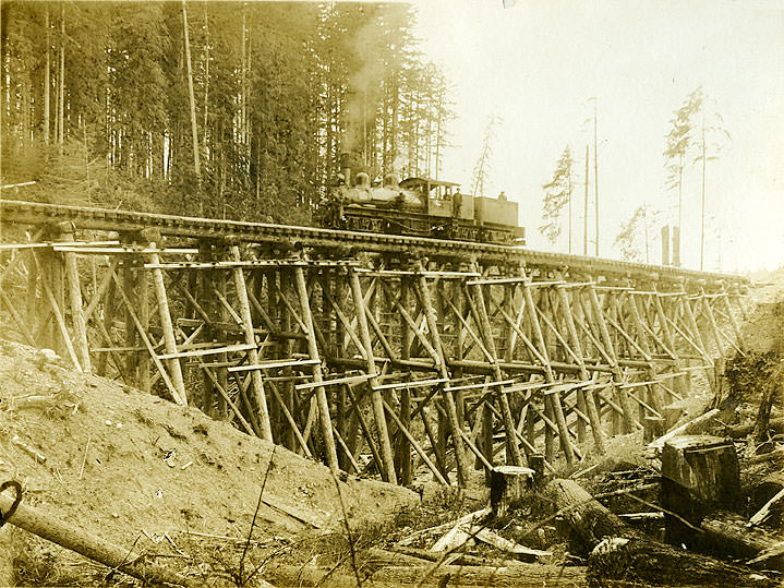 #104 Shay Locomotive] on High Bridge, St. Paul & Tacoma Lumber Co., Camp 8., 1921