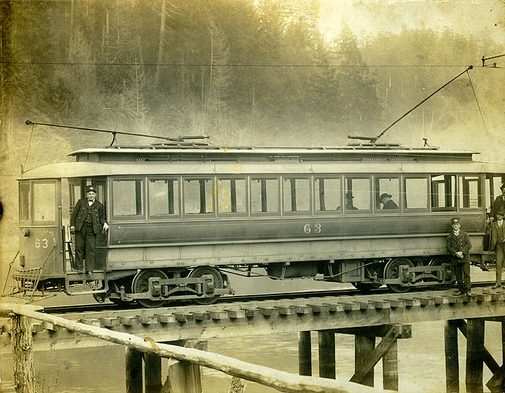 #147 Albert J. Nelson and Streetcar, on Bridge over Chambers Creek, Tacoma & Steilacoom Electric Railway, 1900