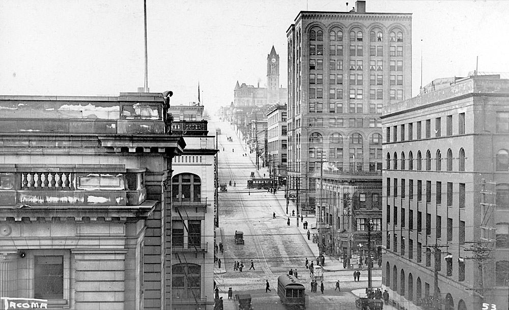 #7 Elevated view looking west on Eleventh Street in downtown Tacoma, 1908