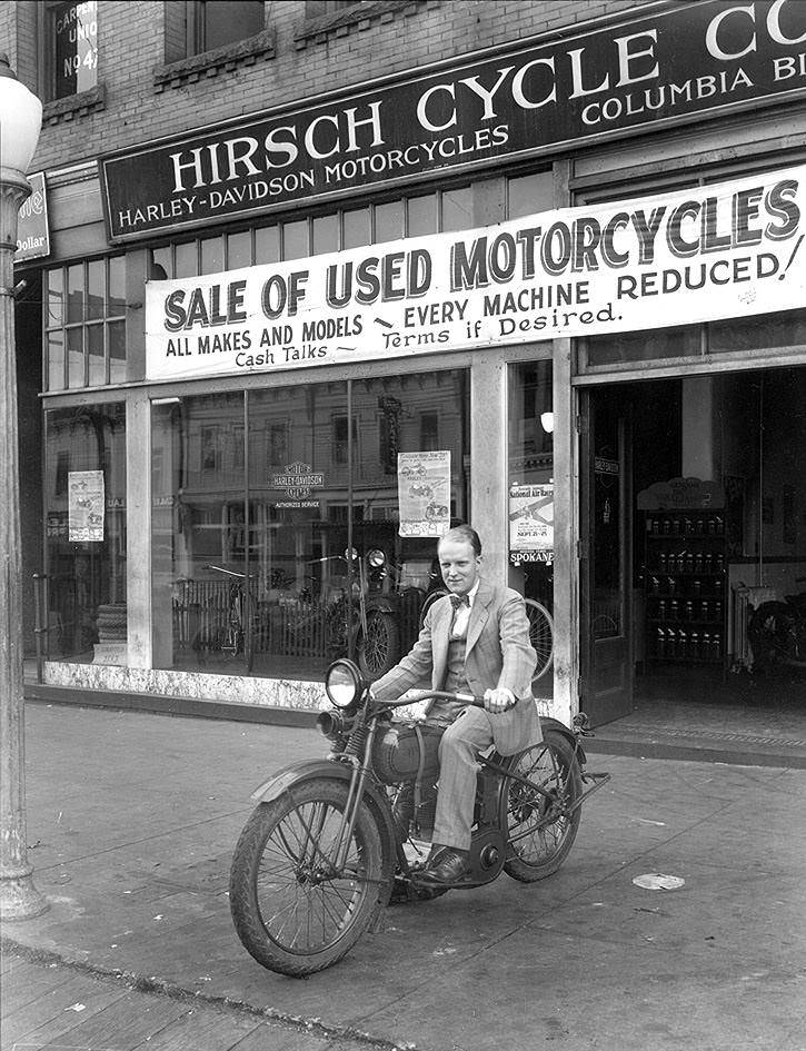 #119 Man on Harley Davidson Motorcycle at Hirsch Cycle Co., 1927