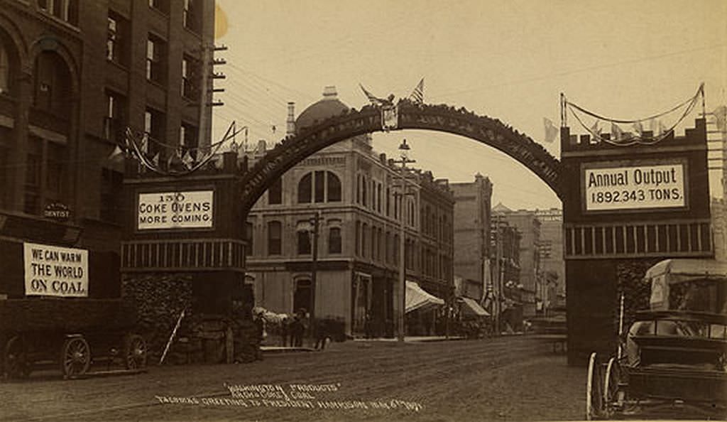 #155 ‘Washington Products’, Arch to Coke and Coal, Tacoma’s Greeting to President Harrison, May 6, 1891.