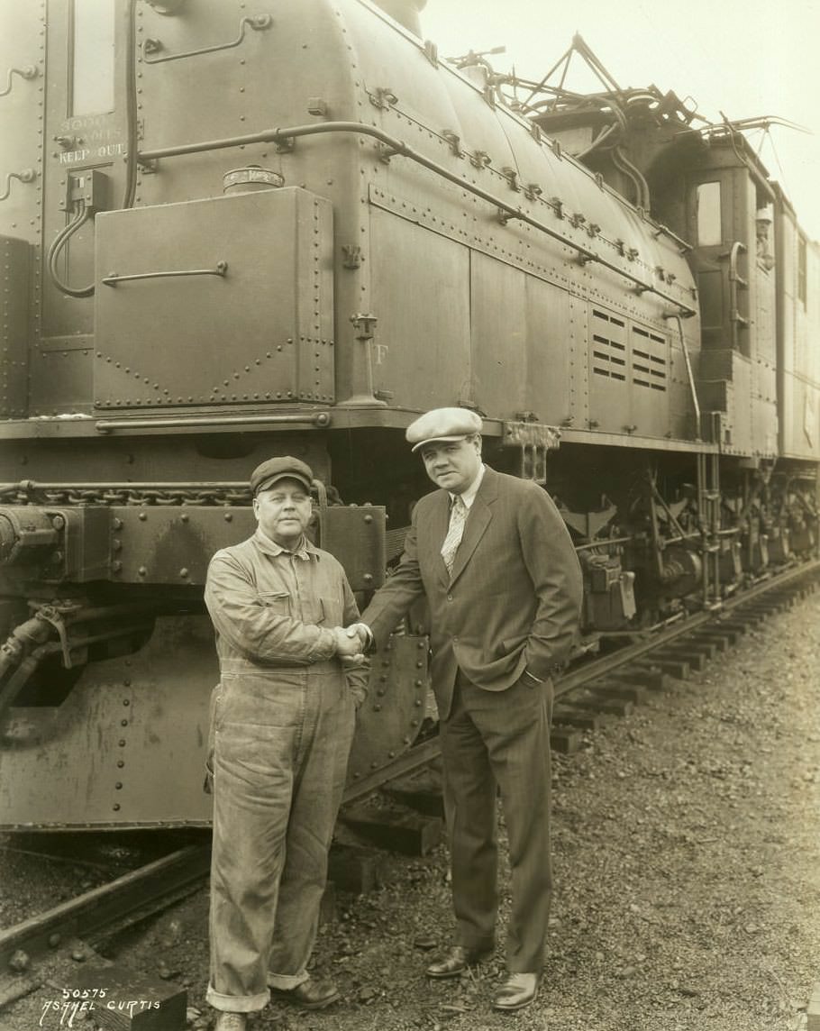 #27 Babe Ruth in front of Milwaukee Road bi-polar locomotive, Tacoma, 1926