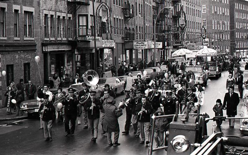 #32 Band marches in North End Christmas Parade on Hanover Street