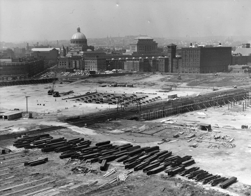 #16 Early construction is under way on the Prudential Center in Boston’s Back Bay, May 20, 1962. The Christian Science building can be seen in the background.