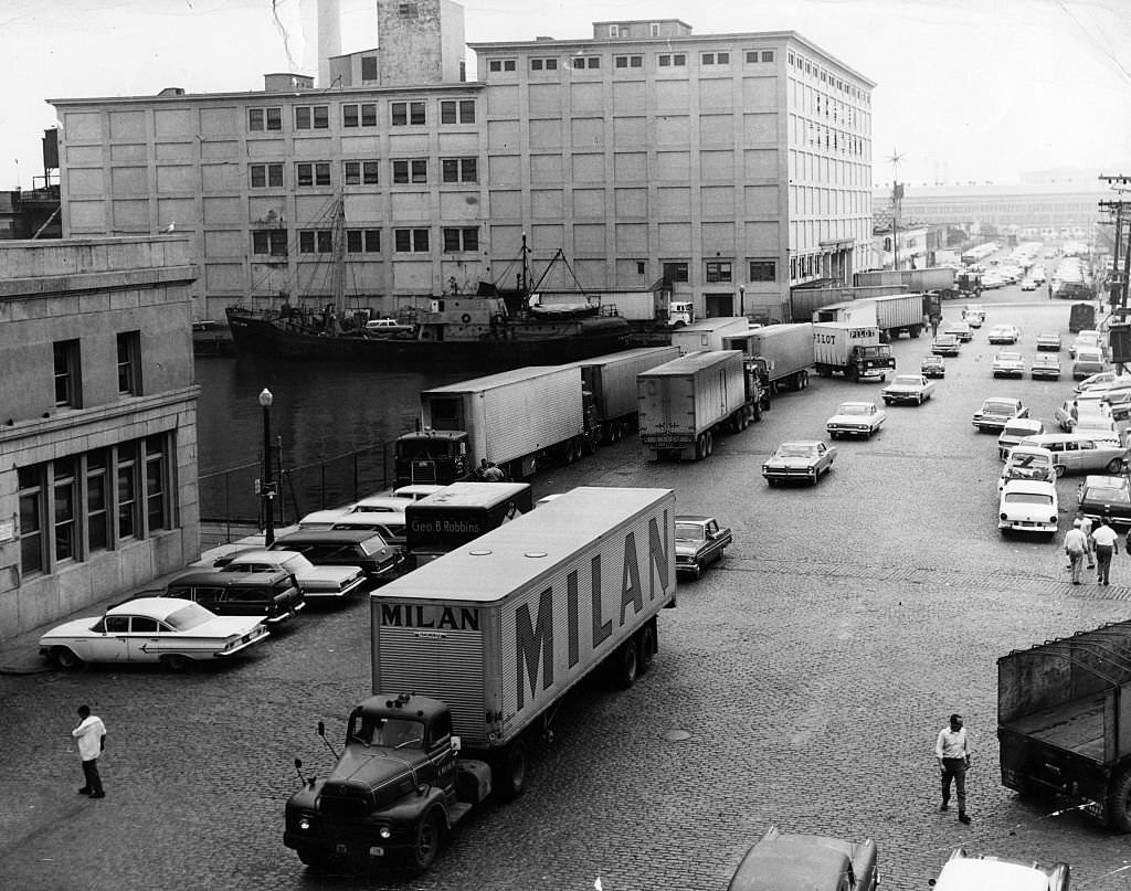 #102 Cars and trucks drive on Northern Avenue in Boston, 1965.