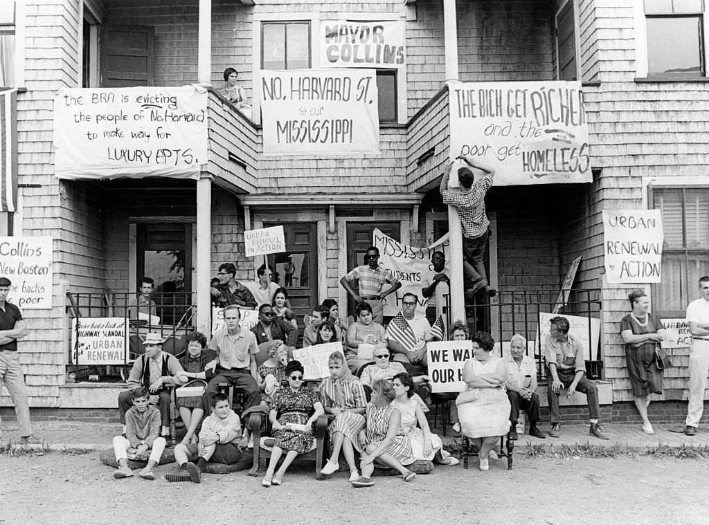 #106 People protest housing redevelopment on Hefferan Street in the Brighton area of Boston in November 1965.
