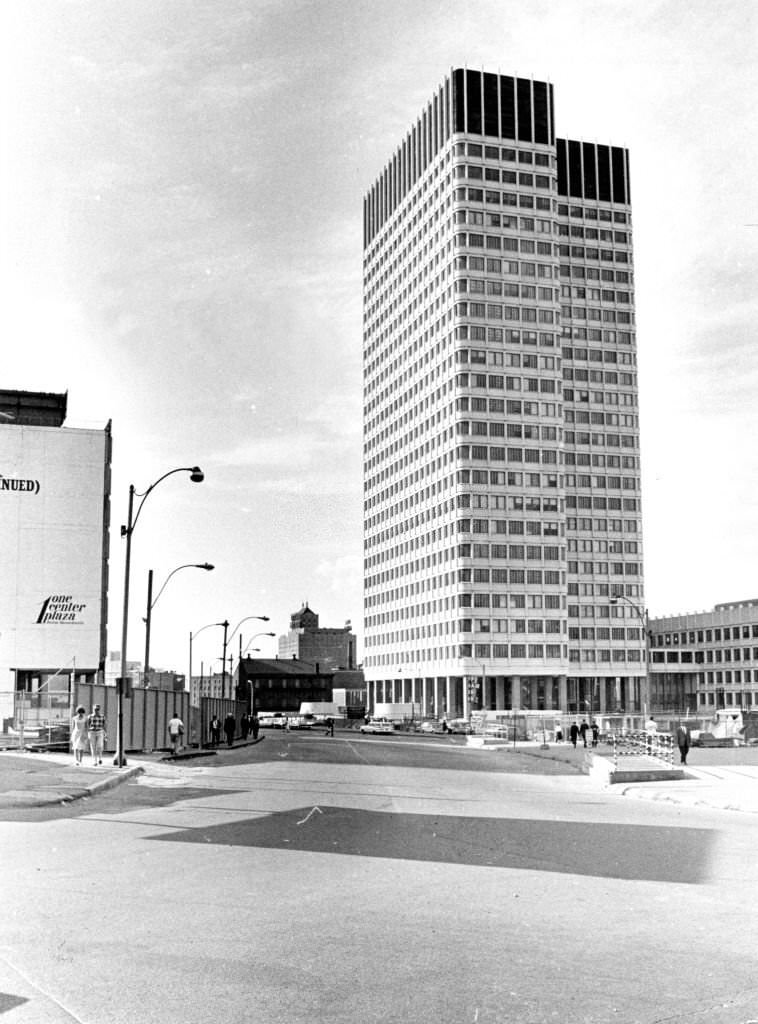 #117 The mostly deserted Government Center area of downtown Boston around 6 p.m. on July 11, 1966.