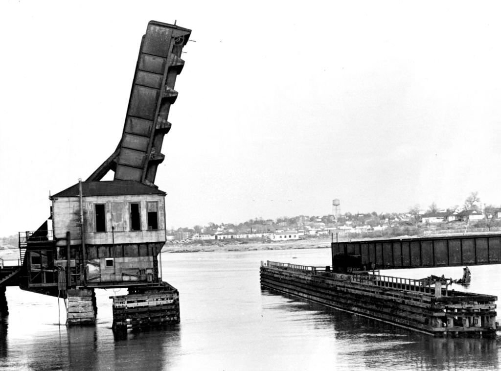 #136 A railroad bridge spanning the Neponset River in the Dorchester neighborhood of Boston, 1963.
