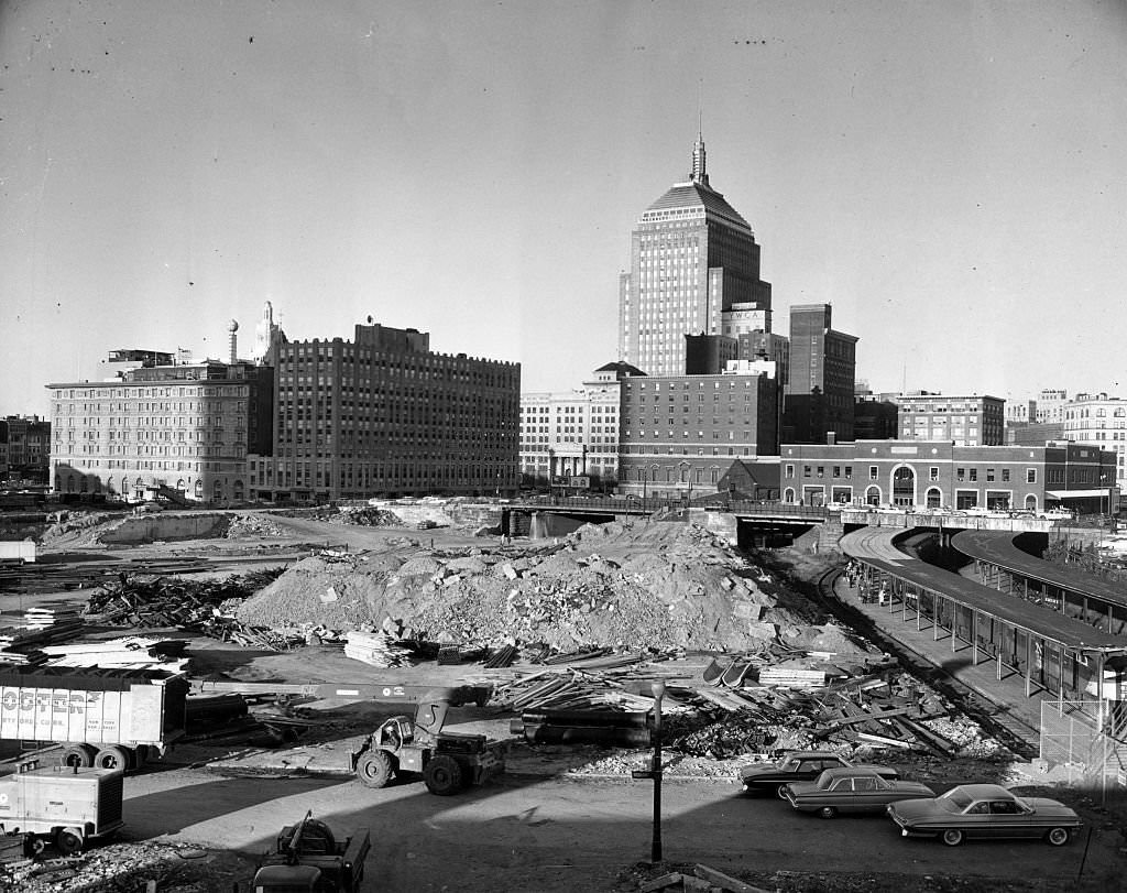 #137 Irvington Street (foreground) fronting where the Irvington Street Armory was formerly located, next to the Back Bay railroad depot, Oct. 4, 1963.