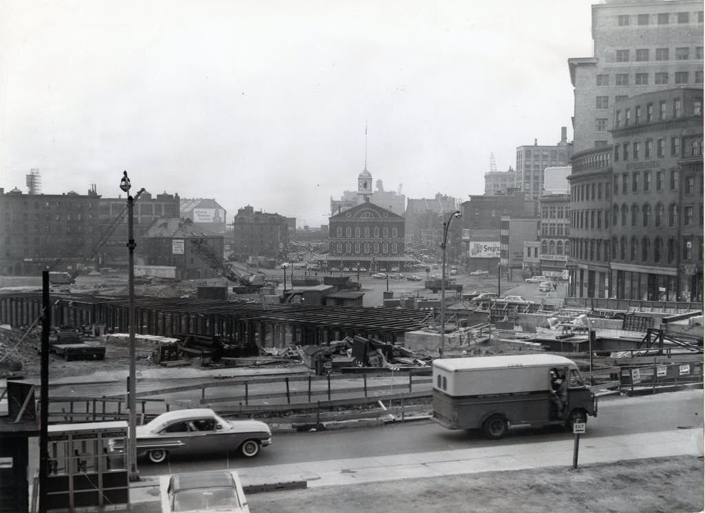 #138 The Scollay Square subway extension construction is seen in Boston on Aug. 17, 1963. Faneuil Hall is int he background.