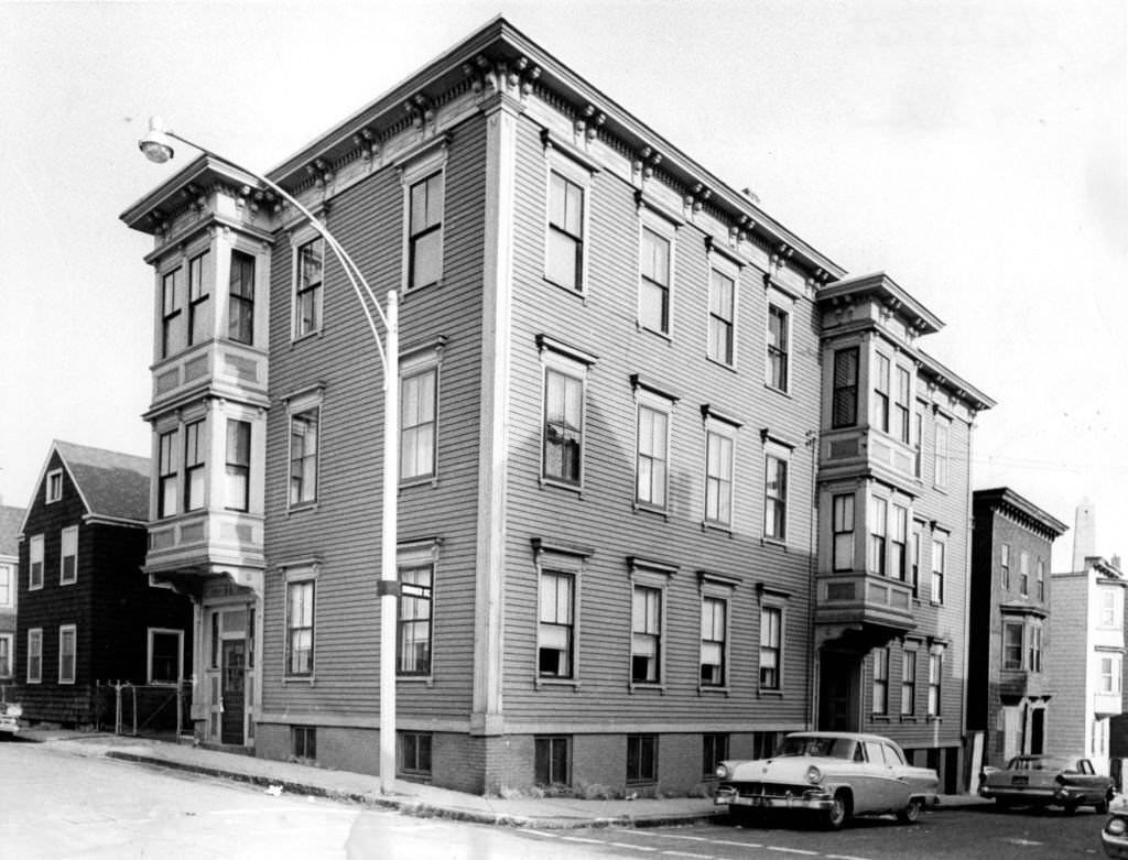 #158 The house at the corner of School and Summer Streets in the Charlestown neighborhood of Boston, Oct. 31, 1962.