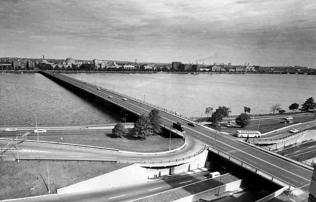 #165 Cars drive over the Harvard Bridge, looking towards Cambridge from Boston, on Oct. 8, 1962.