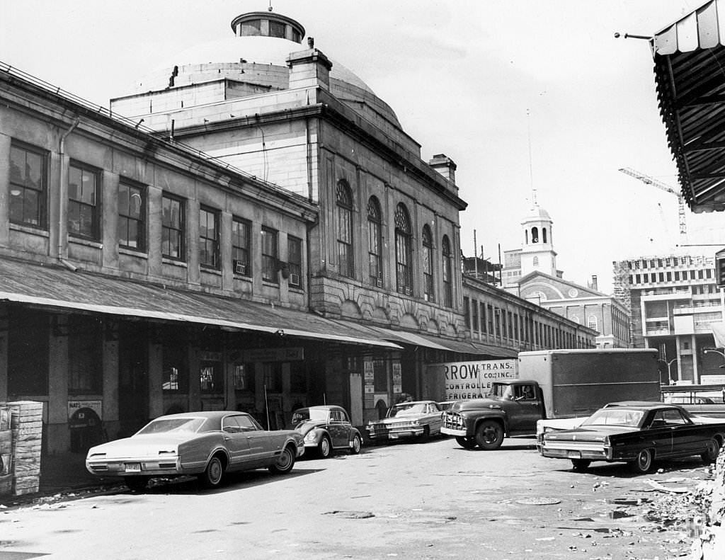 #183 Cars are parked along a street near Faneuil Hall in Boston, May 3, 1967.