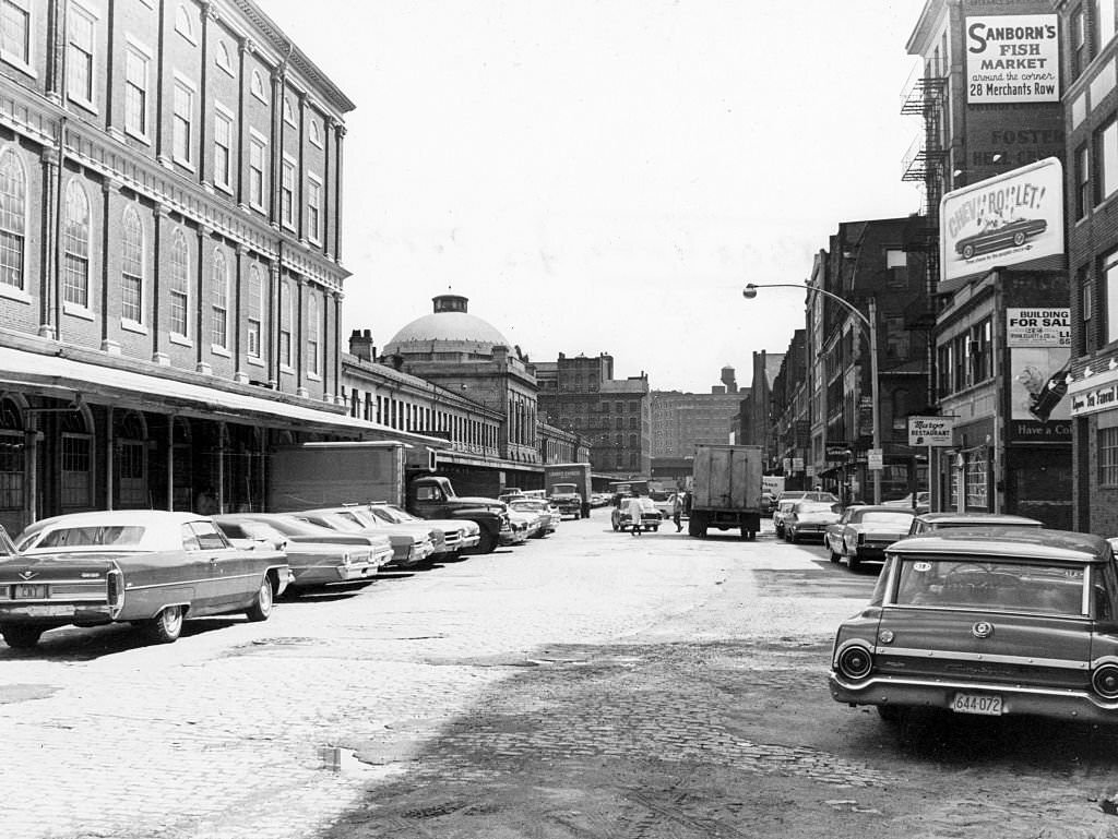 #184 Cars are parked near the Faneuil Hall market area in Boston on May 3, 1967.