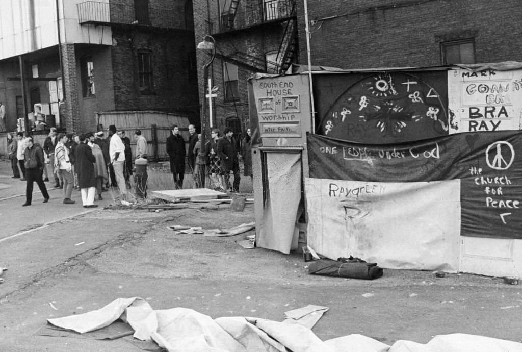 #210 Anti-urban renewal protesters pitch tents in a Dartmouth Street parking lot in the South End of Boston, April 1968.