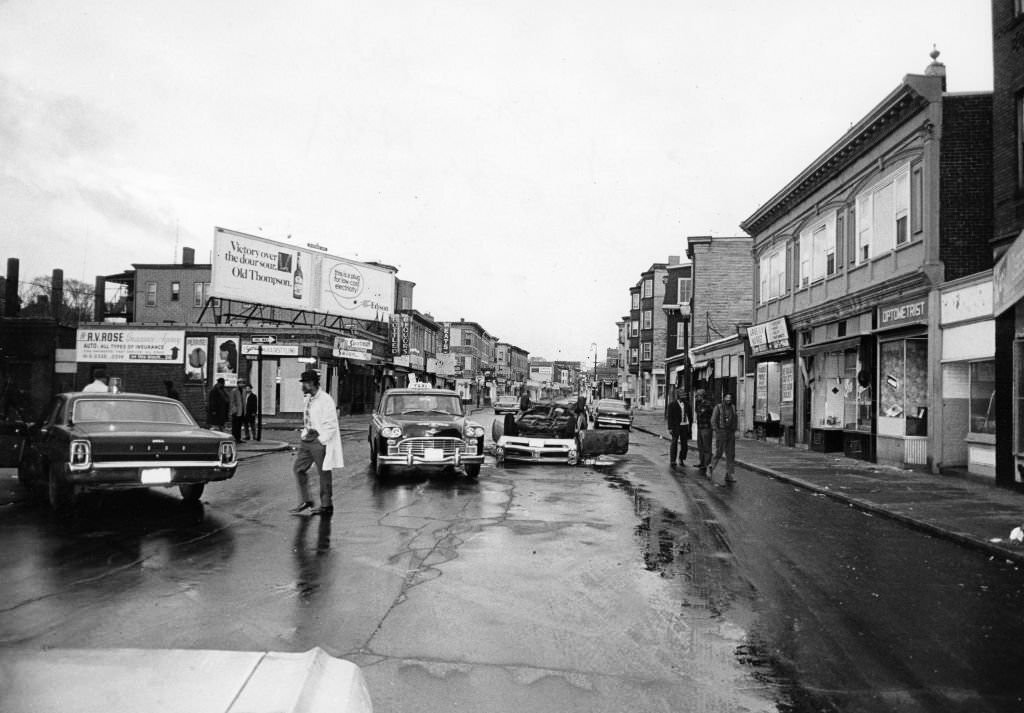 A view of Blue Hill Avenue after protests of Martin Luther King Jr.’s assassination in Boston, April 5, 1968.