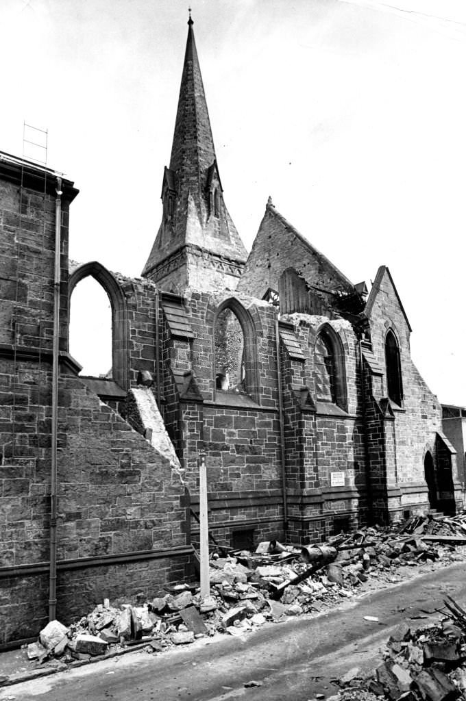 #213 The fire-damaged First Church on Marlborough Street in Boston, April 10, 1968.
