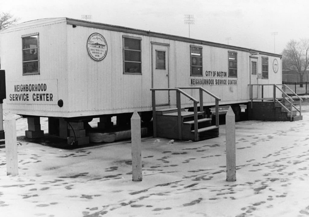 #230 The exterior of the neighborhood service center, or “Little City Hall,” at Dorchester Avenue and Park Street in Boston, Dec. 28, 1968.
