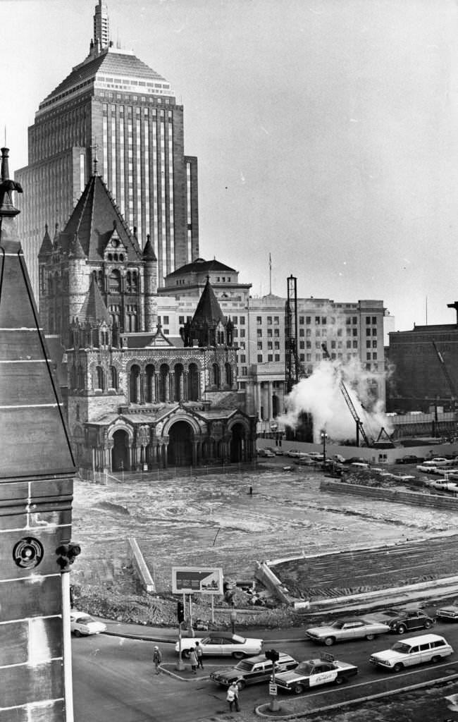 #232 Construction in Copley Square, seen from Old South Church, in Boston on Jan. 6, 1969. Trinity Church and the John Hancock Building is in the background.