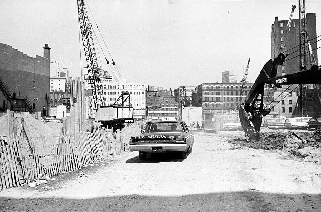 #241 A taxi at a construction site on Boston’s Washington Street, near Kneeland Street and Broadway, on April 4, 1969.